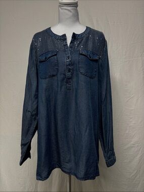 Gorgeous Women's Dark Blue Denim-Look Button Henley Blouse